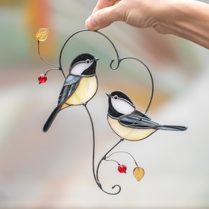Couple of chickadees stained glass suncatcher Gifts Parents Christmas Bird stained glass window hangings Handmade gifts