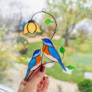 Stained glass bird suncatcher Custom stained glass ornaments Mothers Day gift Bluebird stained glass window hangings Stained glass plant