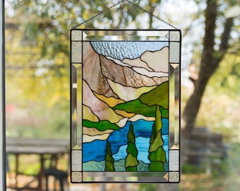 Maßgeschneiderte Buntglasplatte, Muttertagsgeschenk, Berg-Buntglas-Fensterbehänge, Banff-Nationalpark