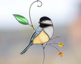 Chickadee stained glass suncatcher Mothers Day gift Bird stained glass window hangings Fathers Day gifts