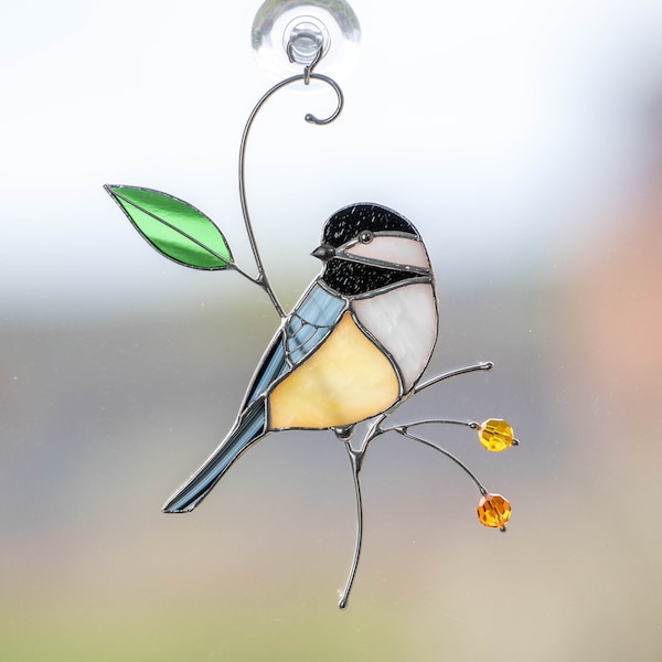 Attrape-soleil en verre teinté mésange, cadeau fête des mères, oiseau, tentures de vitrail, cadeaux pour la fête des pères