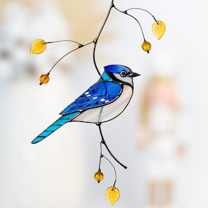 Blue jay stained glass bird suncatcher Unique Christmas Gift Blue jay feathers Custom stained glass window hangings Blue jay art