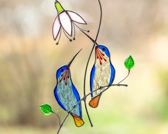 Hummingbird stained window hanging Mothers Day gift Humming bird wall art Custom stained glass bird suncatcher Humming bird feeder