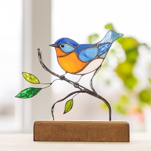 Stained glass bluebird ornament House warming gift Handmade stained glass panel Chickadee Office decor Custom stained glass bird suncatcher