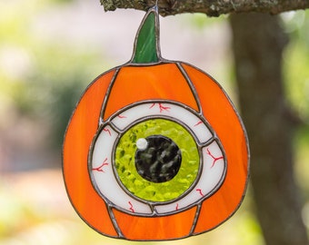 Halloween glas-in-lood pompoen oog suncatcher Griezelig decor Halloween cadeau