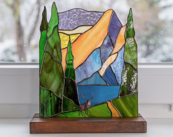 Grand Teton national park stained glass panel Mothers Day gift Custom stained glass mountain Desk accessories for men