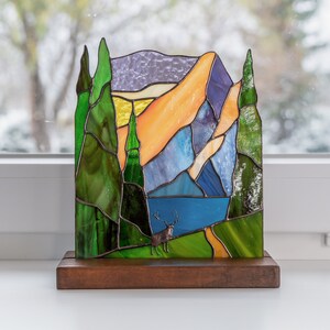 modern stained glass deer panel on the wooden base
