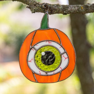 Halloween stained glass pumpkin eye suncatcher Creepy decor Halloween gift image 1