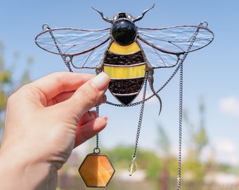 Gebrandschilderd glas bee Moeders dag geschenken Moderne glas-in-lood hommel Vaderdag geschenken Gebrandschilderd glas hommel werf kunst