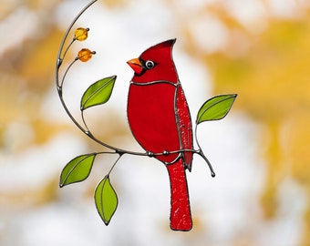 Cardinal stained glass window hangings Loss of a loved one Custom stained glass bird suncatcher Godfather gift