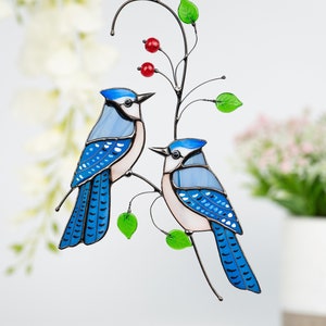 Stained glass bird suncatcher Mothers Day gift Blue jay stained glass window hangings Custom stained glass bird artwork Blue bird house