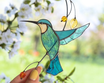 Hummingbird suncatcher Stained glass window hangings Gifts parents Christmas Custom stained glass bird Handmade product Mom suncatcher