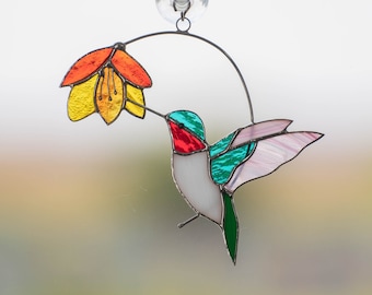 Stained glass hummingbird suncatcher Mothers Day gift Flower stained glass window hangings Hummingbird gift garden decor Fathers Day gifts