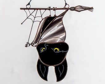 Chauve-souris en vitrail d'Halloween Oeuvre d'art d'Halloween Tentures de vitrail personnalisées Capteurs de soleil Web Horreur du vitrail