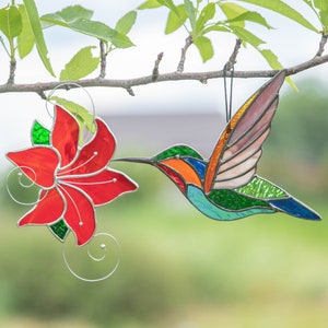 Hummingbird stained glass window hangings Mothers Day gift Flower stained glass suncatcher Fathers Day gifts Stained glass bird suncatcher