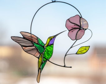 Colibri, vitrail, attrape-soleil, cadeau fête des mères, art du colibri, vitrail des maîtres verriers, art du jardin, cadeaux pour la fête des pères