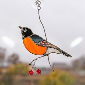 Bird artwork stained glass window hangings American robin Christmas Gifts neighbors Custom stained glass ornament