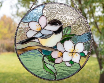 Chickadee stained glass bird suncatcher Mothers Day gift Custom stained glass chickadee ornament Chickadee art Stained glass window hangings