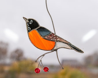 Bird artwork stained glass window hangings Mothers Day gift American robin stained glass yard art Glassmasters stained glass ornament