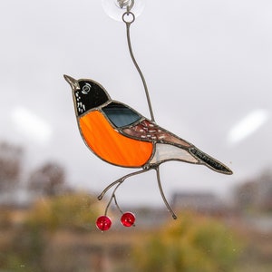 Bird artwork stained glass window hangings Mothers Day gift American robin stained glass yard art Glassmasters stained glass ornament image 1