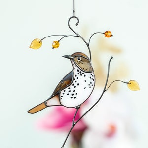 Bird artwork stained glass window hangings Mothers Day gift Wood Thrush stained glass suncatcher Custom stained glass art New job gift