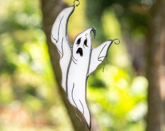 Stained glass Halloween ghost decorations Halloween spirit Custom stained glass window hangings Halloween gift Stained glass ghost face