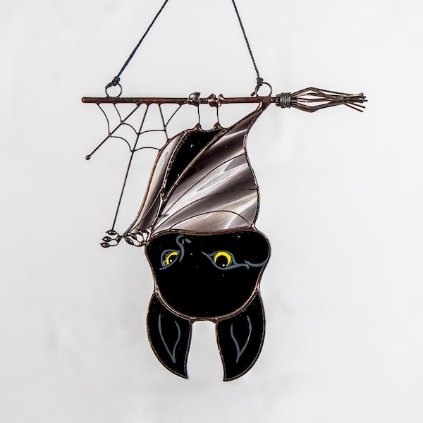 Halloween stained glass bat Halloween artwork Custom stained glass window hangings Web suncatchers Stained glass horror