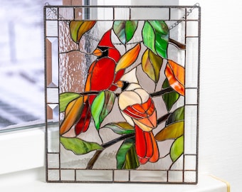 Cardinal stained glass window panel Bird stained glass window hangings Cardinal memorial gift
