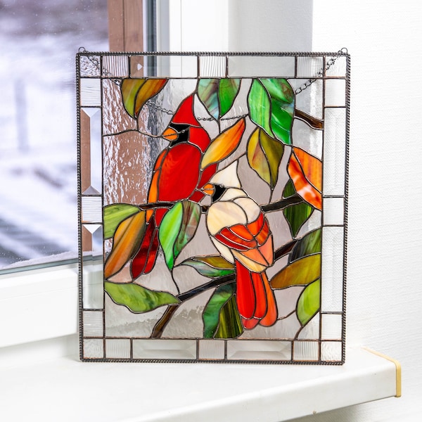 Cardinal stained glass panel Best gift for mom Bird stained glass window hangings Cardinal memorial gift