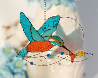 Martin-pêcheur oiseau attrape-soleil cadeau fête des mères poisson en verre vitrail tentures art du vitrail personnalisé décoration murale