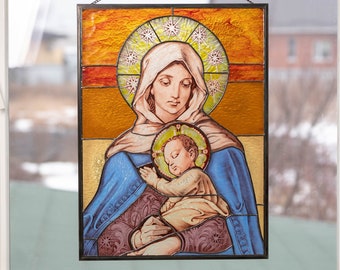 Virgin Mary stained glass panel Handmade gift Orthodox icon Tiffany stained glass hand painted bible