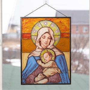 Virgin Mary stained glass panel Handmade gift Orthodox icon Tiffany stained glass hand painted bible image 1