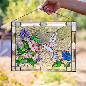 Hummingbird stained glass window panel New mom gift Custom stained window hangings Modern stained glass bird