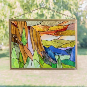 Yosemite stained glass mountain Mothers day gift Custom stained glass window hangings Yosemite wall art Fathers Day gifts