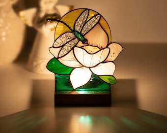 Dragonfly stained glass window wooden candle holder Custom stained glass flower suncatcher Lotus stained glass panel Dragonfly gifts