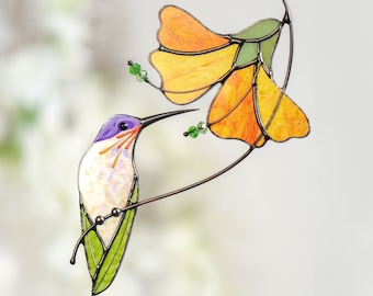 Kolibrie glas-in-lood vogel suncatcher Handgemaakt product Moderne glas-in-lood raamkleden Op maat gemaakte glas-in-lood bloem suncatcher