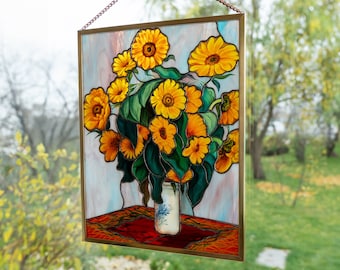 Claude Monet stained glass window panel Christmas gifts Hand painted glass ornament Sunflower stained glass decor Custom stained glass art