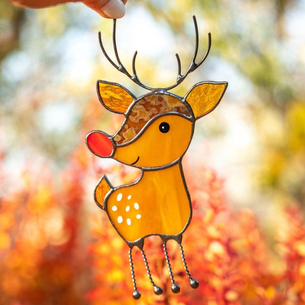 Cadeaux de Noël en vitrail de renne attrape-soleil de Noël Décoration de Noël Suspensions de vitrail de vacances