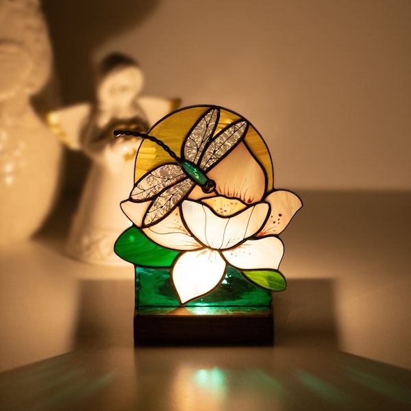 Dragonfly stained glass window wooden candle holder Custom stained glass flower suncatcher Lotus stained glass panel Dragonfly gifts