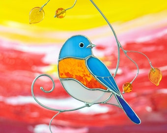Bluebird stained glass bird suncatcher Mothers Day gifts Modern stained glass window hangings Hanging bird feeder decor