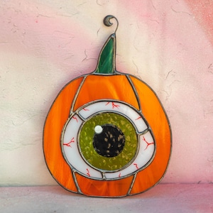 Halloween stained glass pumpkin eye suncatcher Creepy decor Halloween gift image 2