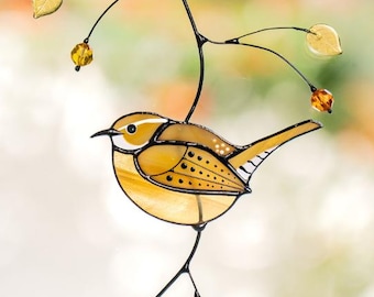 Carolina Wren stained glass window hangings Godmother gift Bird suncatcher