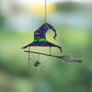 Stained glass witches broom Halloween spirit Custom stained glass window hangings Wizard hat Halloween stained glass web suncatchers