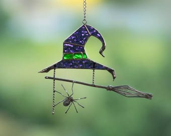 Stained glass witches broom Halloween spirit Custom stained glass window hangings Wizard hat Halloween stained glass web suncatchers