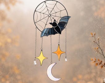Halloween suncatcher stained glass dreamcatcher, Spooky window hanging with bat and moon, Whimsigoth gothic decor, Dark cottagecore art