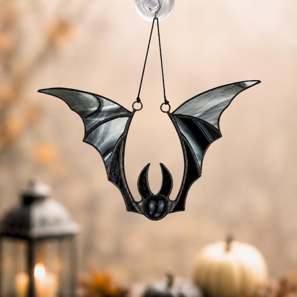 Black bat stained glass window hanging, Dark academia decor, Halloween gifts