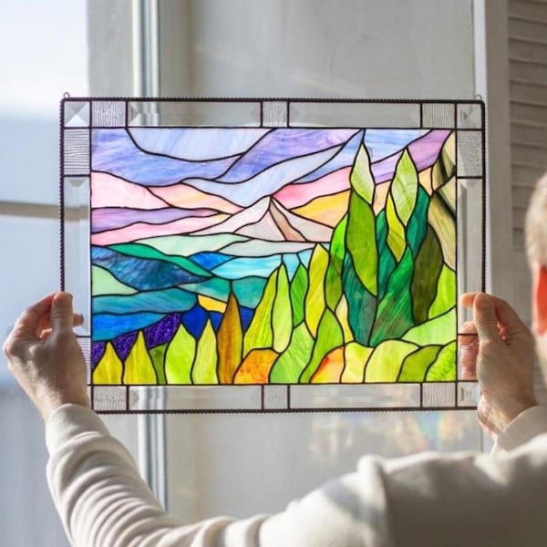 Mount Hood stained glass panel - Oregon landscape window hanging - Travel gifts - Nature inspired mountain suncatcher