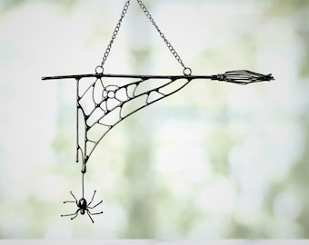 Halloween broom window hangings Jumping spider Stained glass horror Witch broom Halloween decorations Moon Halloween gifts