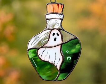 Potion bottle stained glass suncatcher, Haunted apothecary decor for Halloween