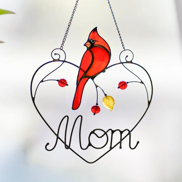 Witraże w kształcie kardynała Spersonalizowany, wyjątkowy prezent dla mamy Łapacz słońca w kształcie ptaka witrażowego Prezent pamiątkowy w kształcie kardynała